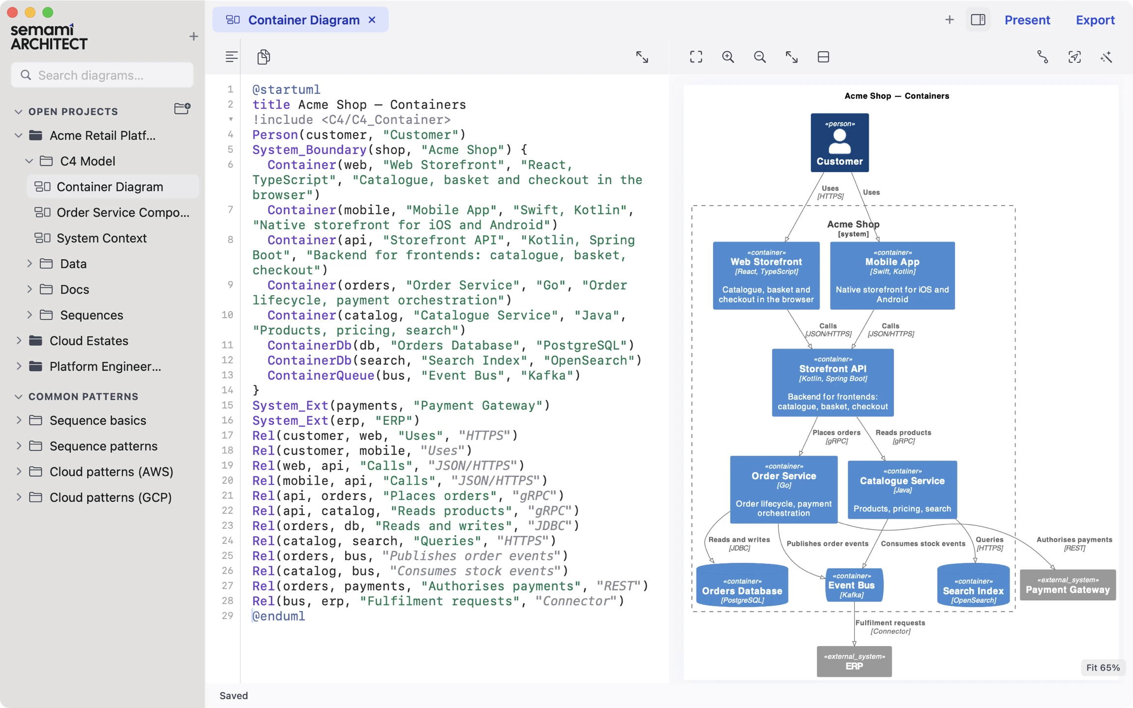 Semami Architect with PlantUML source for a C4 container diagram on the left, the rendered diagram on the right, and the project sidebar